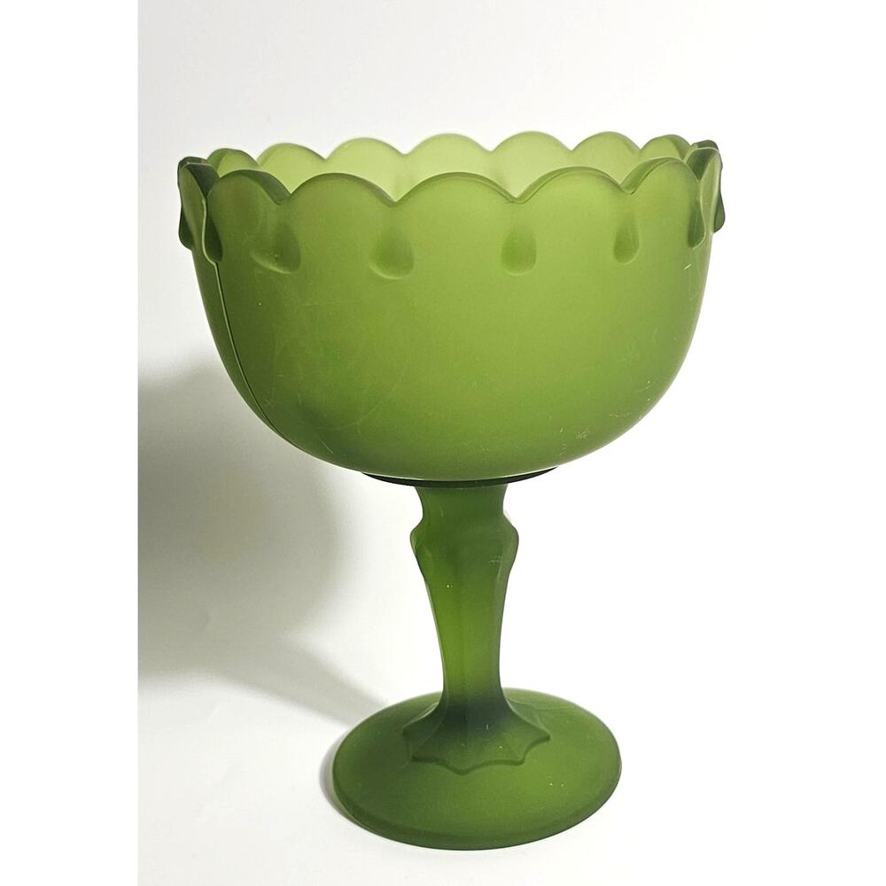 Vintage Indiana Glass "Teardrop" compote in frosted satin avocado green 70s